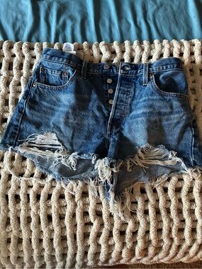 Levi's 501 Distressed Dark Blue High-Rise Denim Shorts